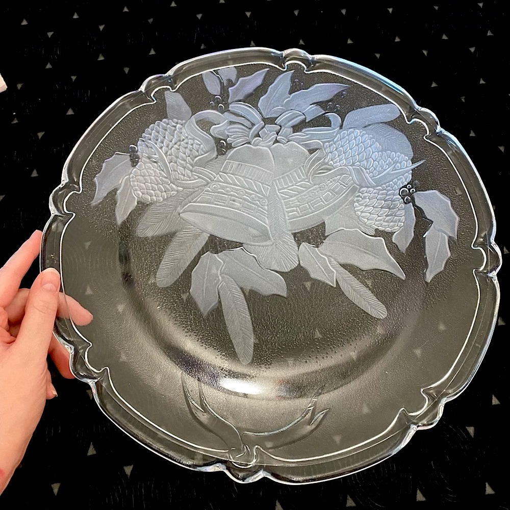 Large Vintage Christmas Glass Platter Satin Bells (Not Frosted Bow)
